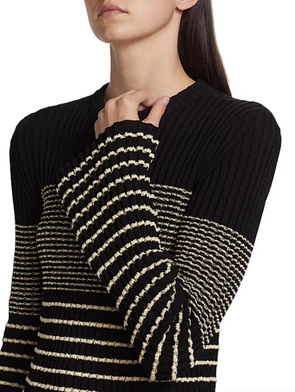 Silk Blend Proenza Schouler Black and Cream Striped Ribbed Crew Sweater Size L